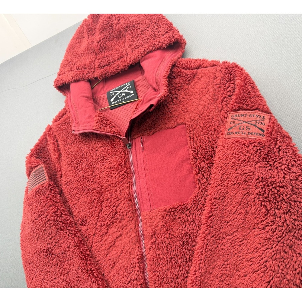 Grunt Style Sherpa Fleece Hooded Jacket Full Zip Flag Patch Red | Men's Medium - Picture 3 of 16